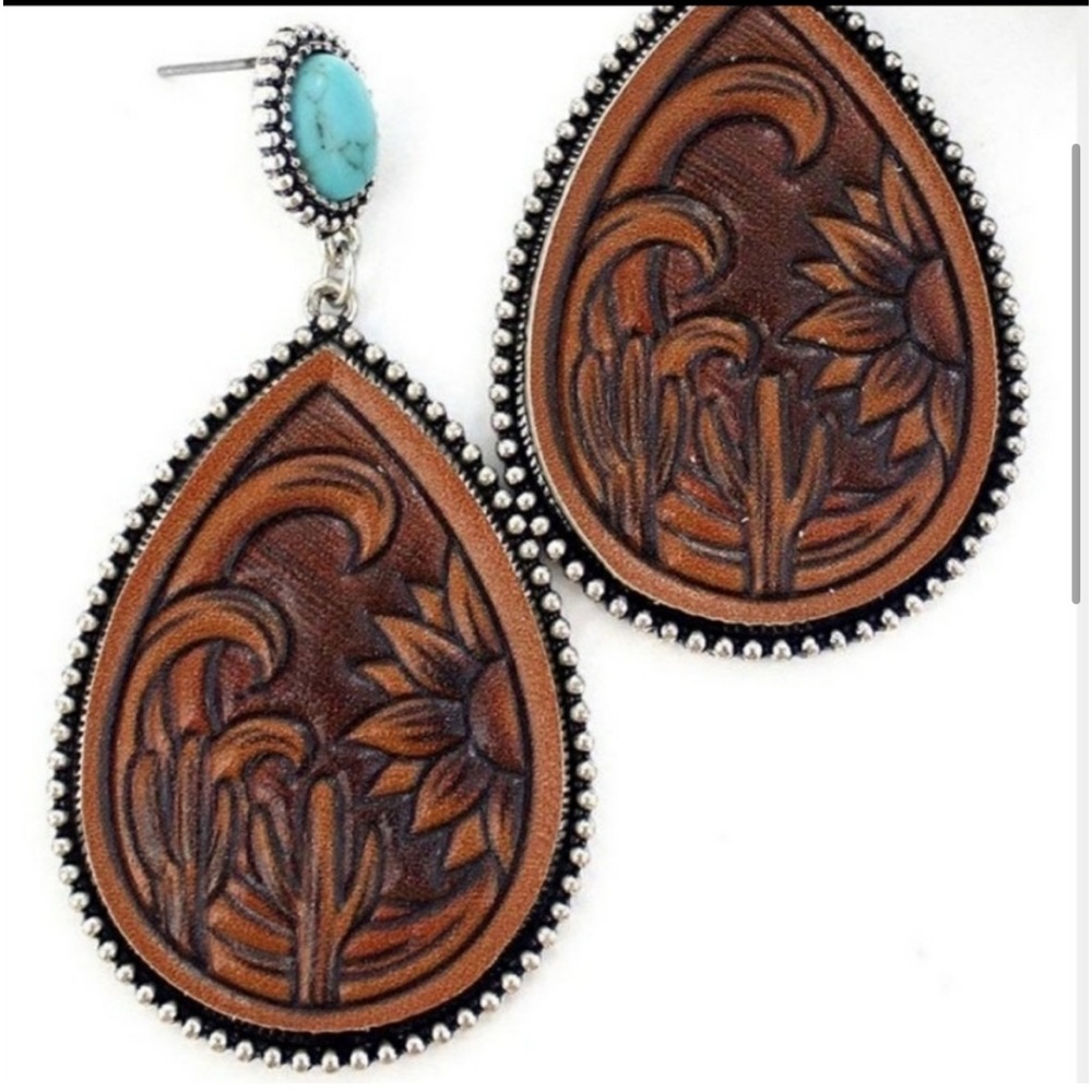 Genuine Leather Turquoise Stone Dangle Sunflower Western Earrings HANDMADE - Picture 4 of 5